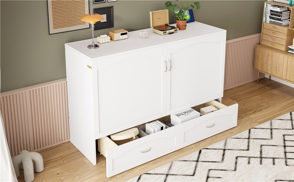 Queen Size Murphy Bed Wall Bed with drawer and a set of Sockets & USB Ports, Pulley Structure Design, White(OLD SKU: LP100671AAK)