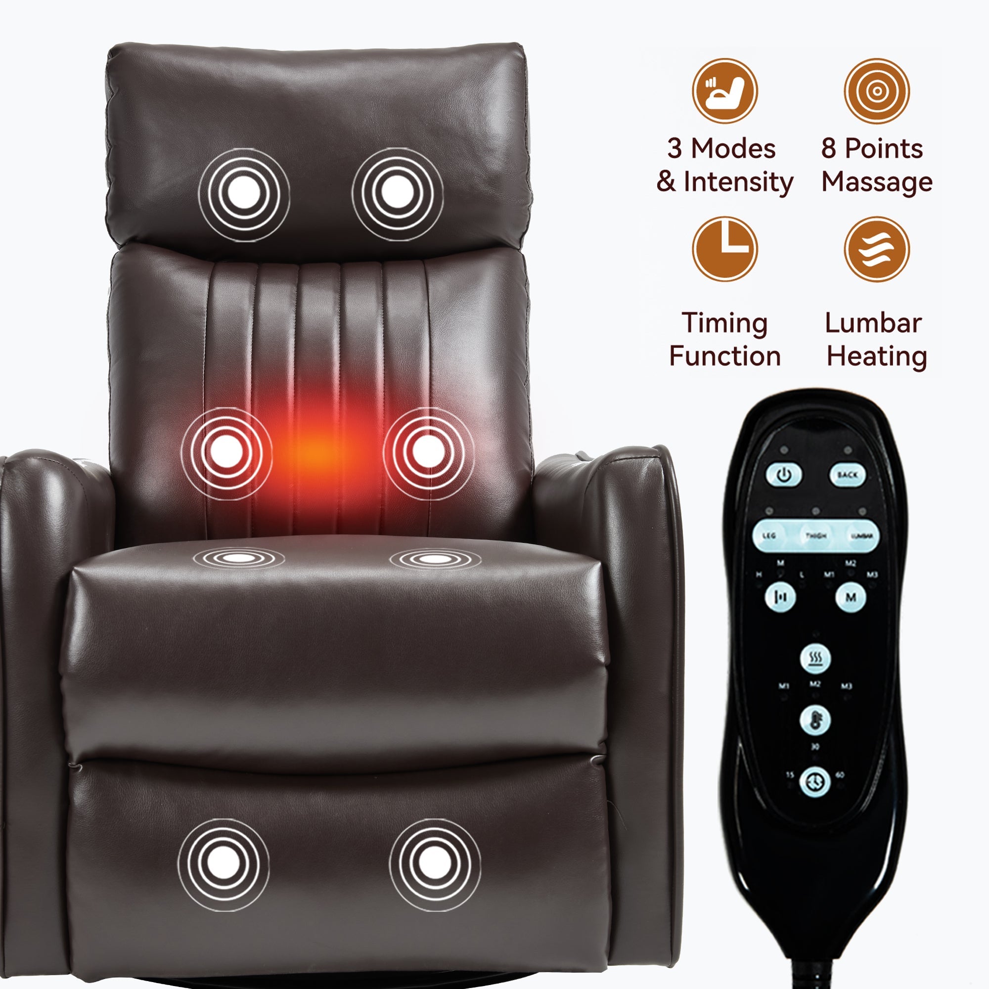 Brown Faux Leather Heat Massage Manual Recliner Chair with Rocker and Swivel for Living Room