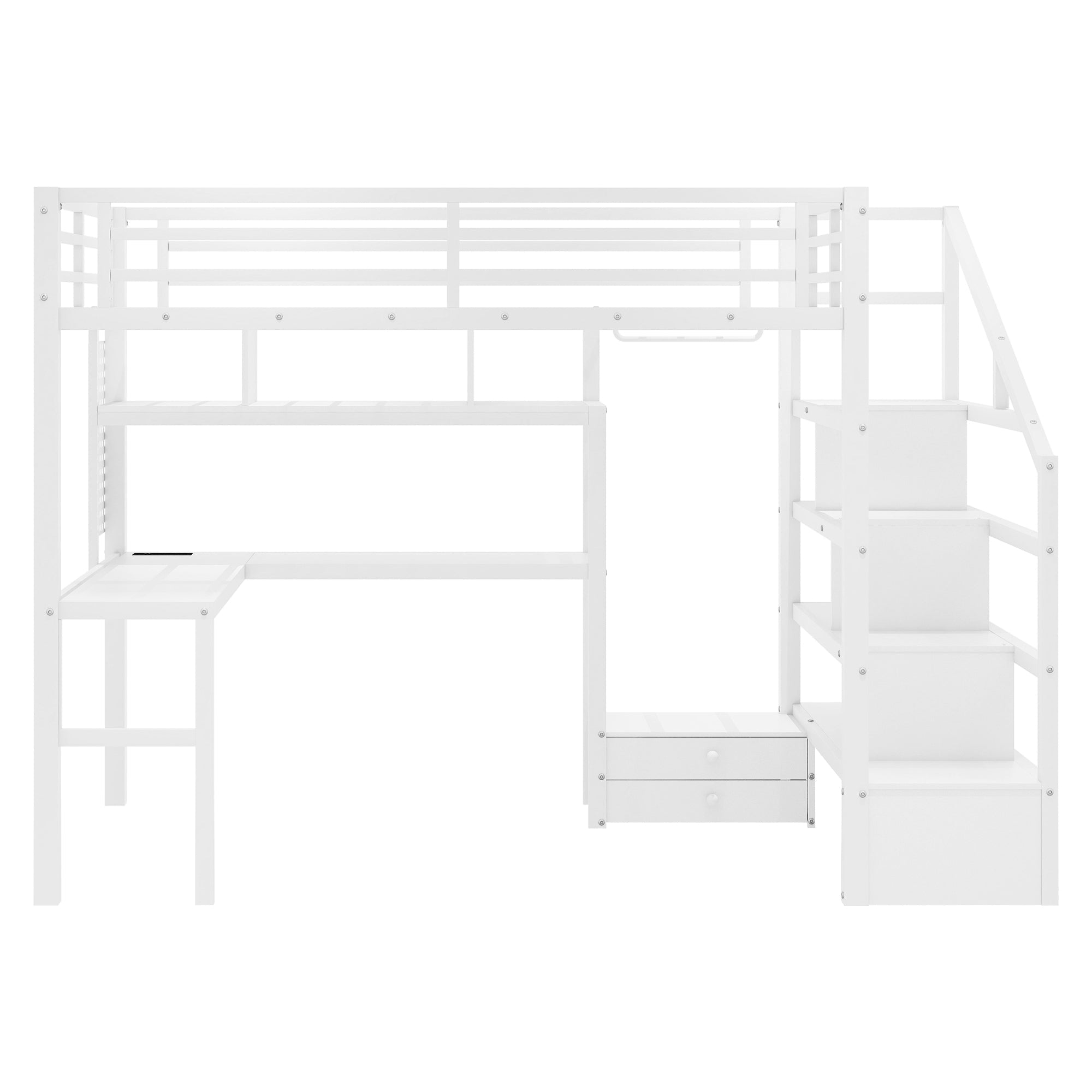 Full Size Loft Bed with LED Light & Charge Station, Metal Loft Bed with Desk and Staircase, Loft bed with Wardrobe for Kids, White (Expect Arrival Date 2025/4/30)