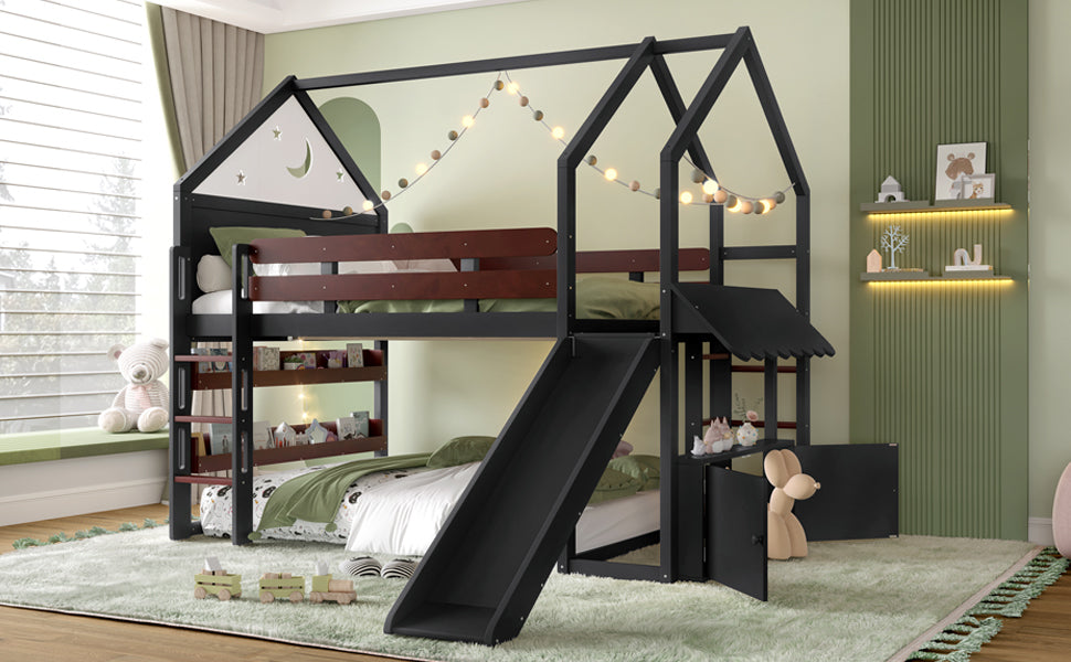Full Size Loft Bed with Bookshelf Playful Design for Kids House-Shaped Structure with Slide High-Quality Safety Rails,Black.