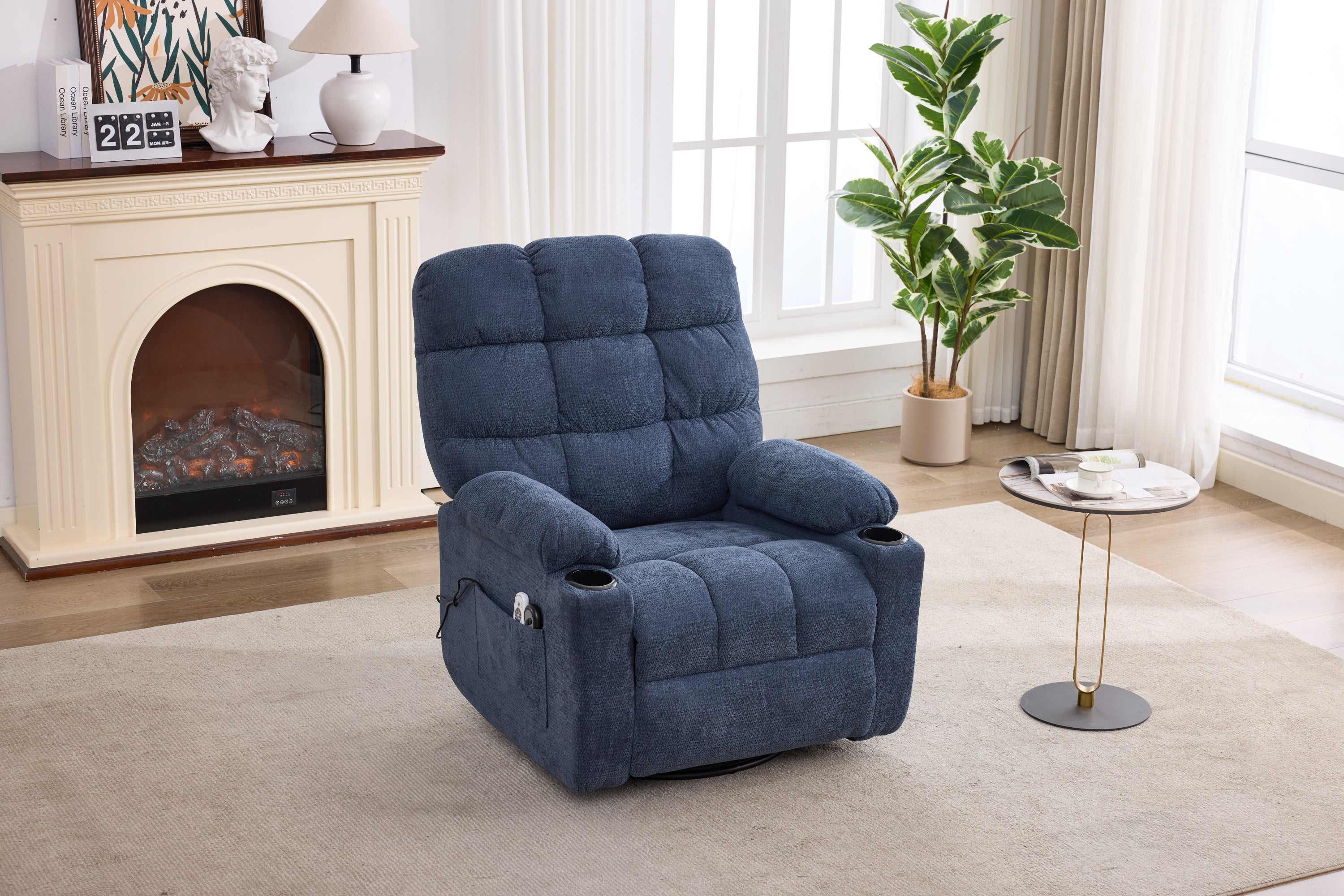 Heat Massage Manual Recliner Chair with Rocker and Swivel in Fabric for Living Room, Blue