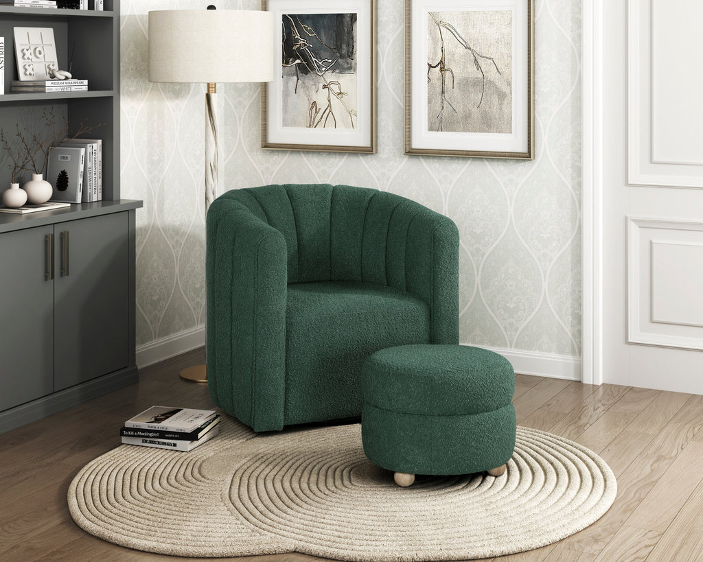Modern Contemporary Swivel Chair with Ottoman Green Boucle Fabric Upholstery Solid Wood Living Room Furniture
