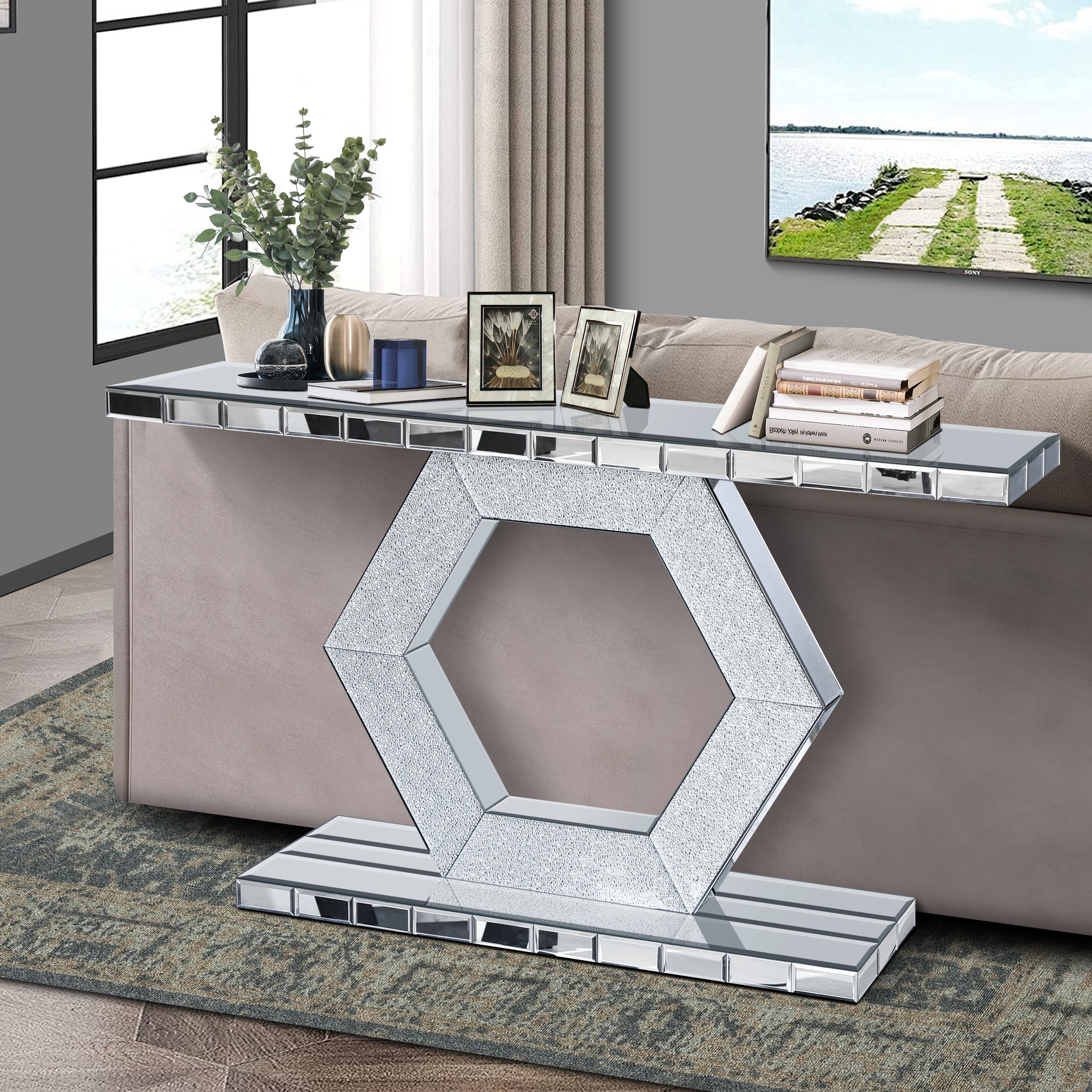 Sparkling Crystal Hexagon Mirror Entryway - Premium Modern Foyer Console Table with Diamond Glass Effects, Dual-Tier Luxury Sofa Table