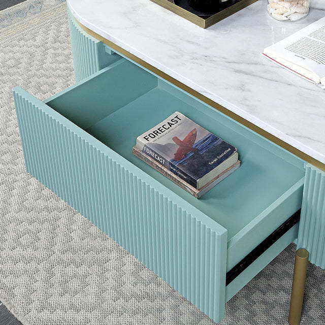 Glam Contemporary Light Teal 1pc Coffee Table White Faux Marble Top Living Room Table W Drawer