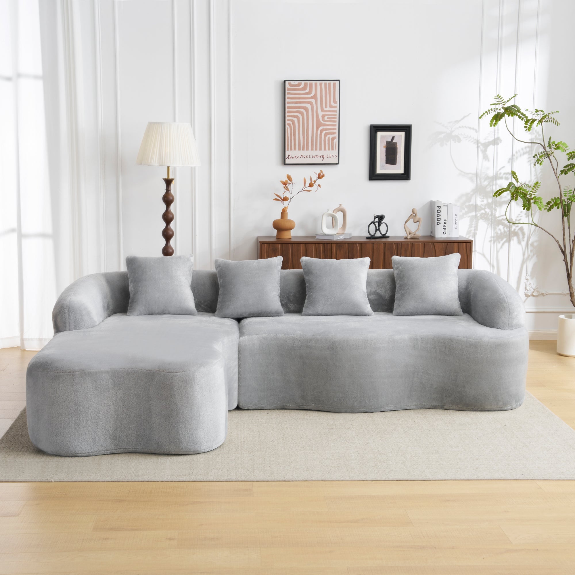 Full Compression L-Shape Sectional Sofa with Curved Chaise, Grey Modular Chenille Couch, High-Density for Apartment Living Room