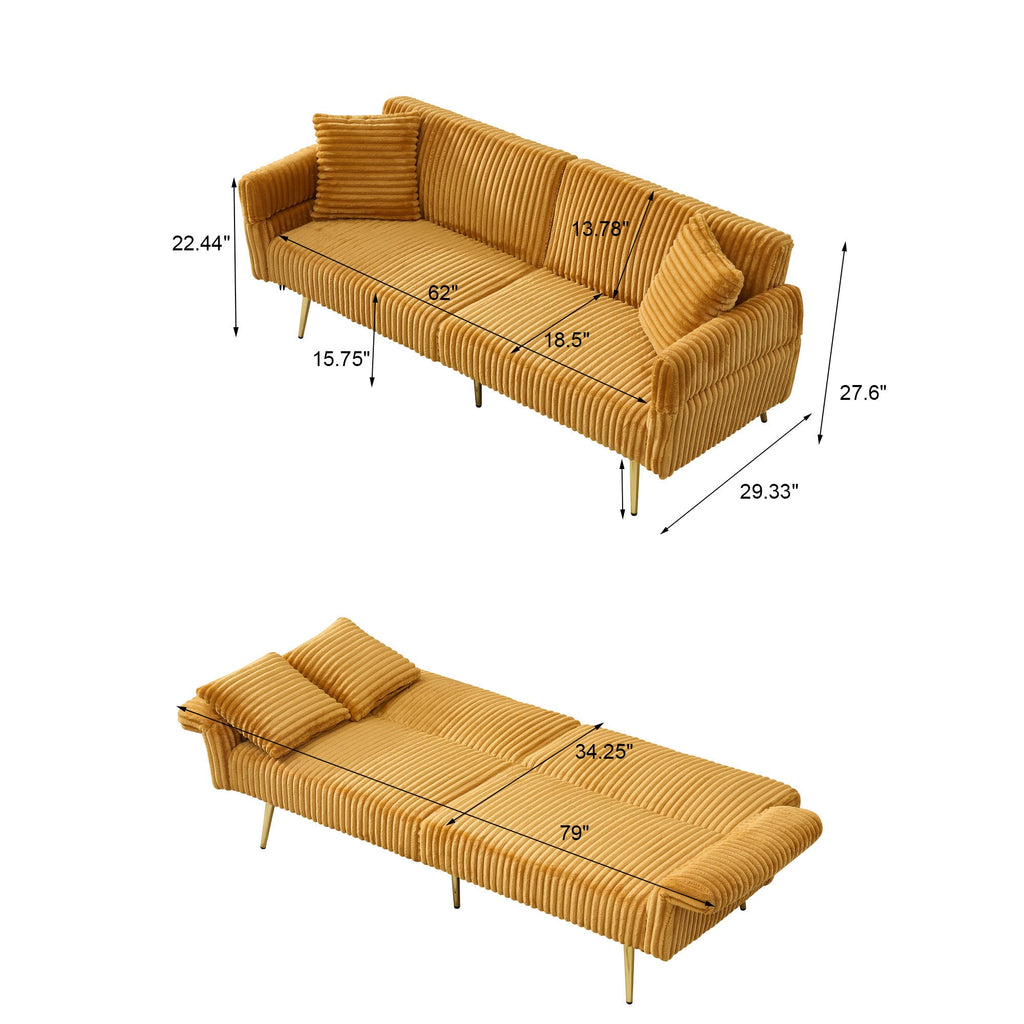 Luxury Corduroy Foldable Double Sofa Bed with Folding Armrests, Yellow, Solid Wood Frame, 79 Inch