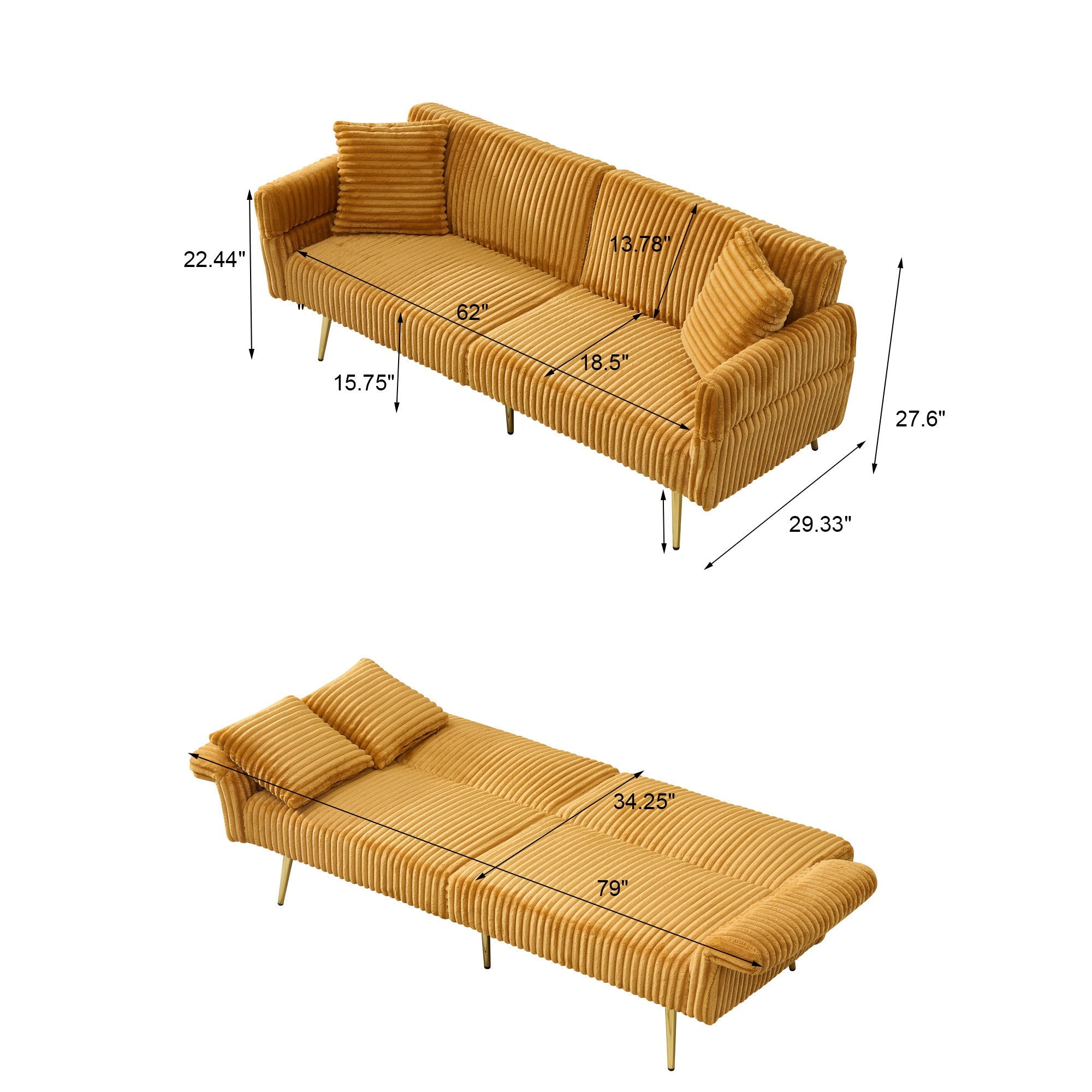 Luxury Corduroy Foldable Double Sofa Bed with Folding Armrests, Yellow, Solid Wood Frame, 79 Inch