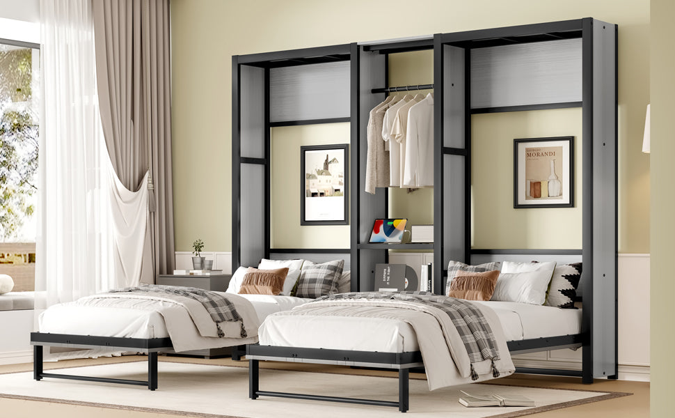 Twin and Twin Murphy Bed, Metal Foldable Murphy Bed with Wardrobe, Shelves and Power Outlets, 2 in 1 Design, Space-saving, Gray