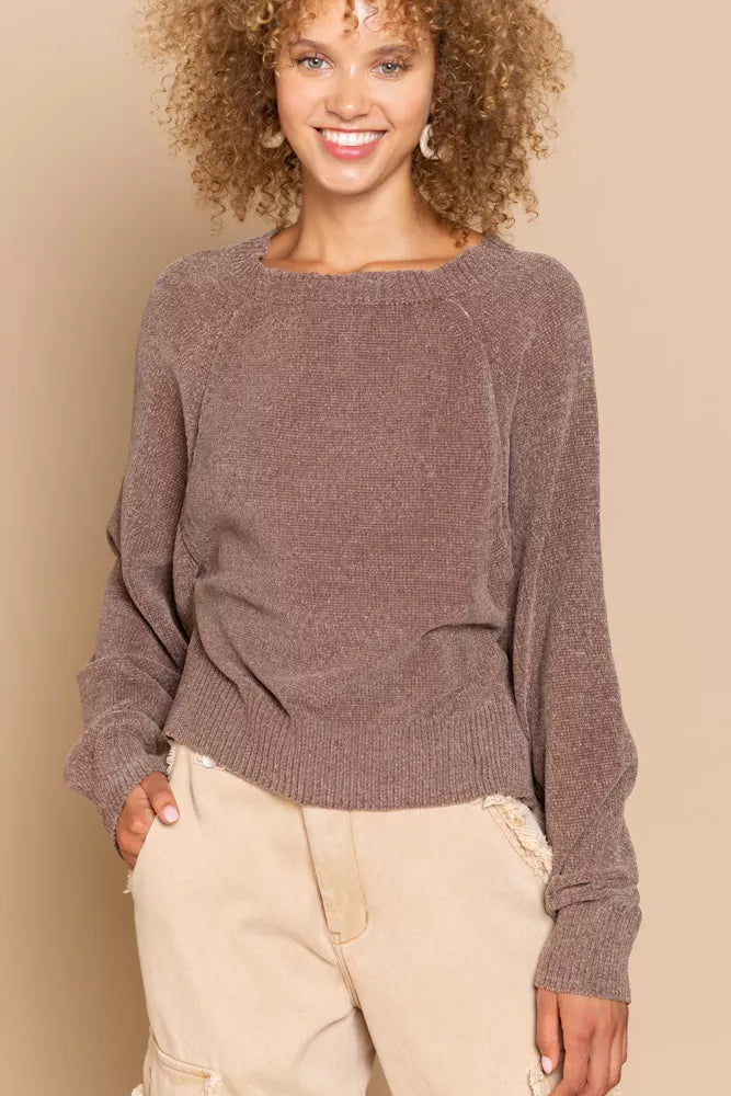 POL Round Neck Backless Sweater with Ribbed Edge