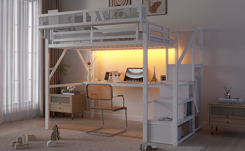 Full Loft Bed with Desk and Charging Station, Full Size Metal Loft Bed with Stairs and Light for Kids Teens,White OLD  SKU W2580S00046