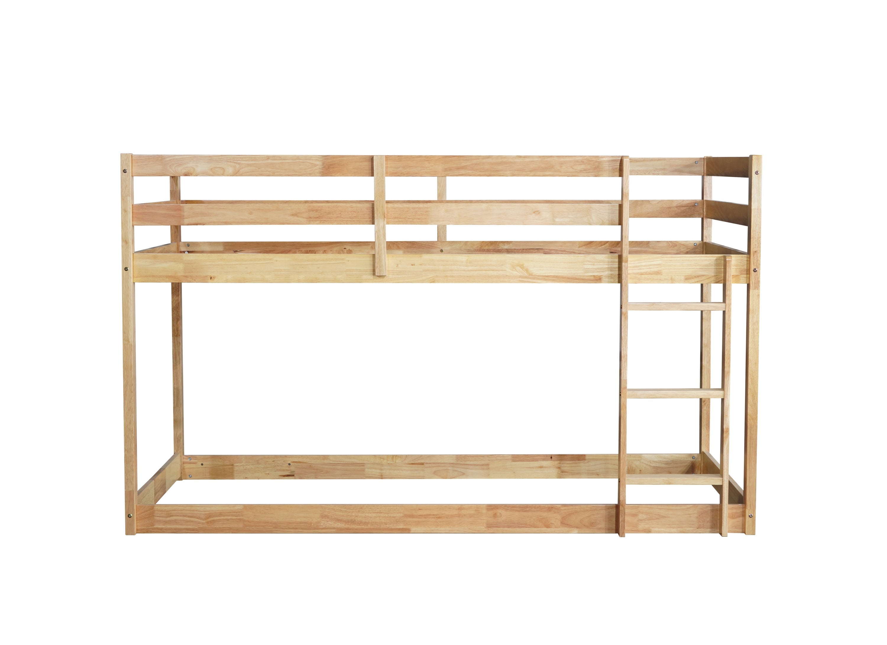 Solid Wooden, Solid Rubber Wooden Twin over Twin Floor Bunk Bed with Ladder, with Bed Platform of Strengthened Slats  , Natural