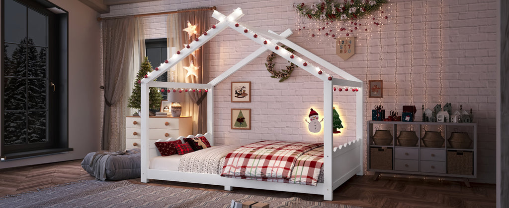 Full House Floor Bed with Support Slats, Solid Wood House Bed Frame for Kids, No Box Spring Needed and Opening Constructure, White