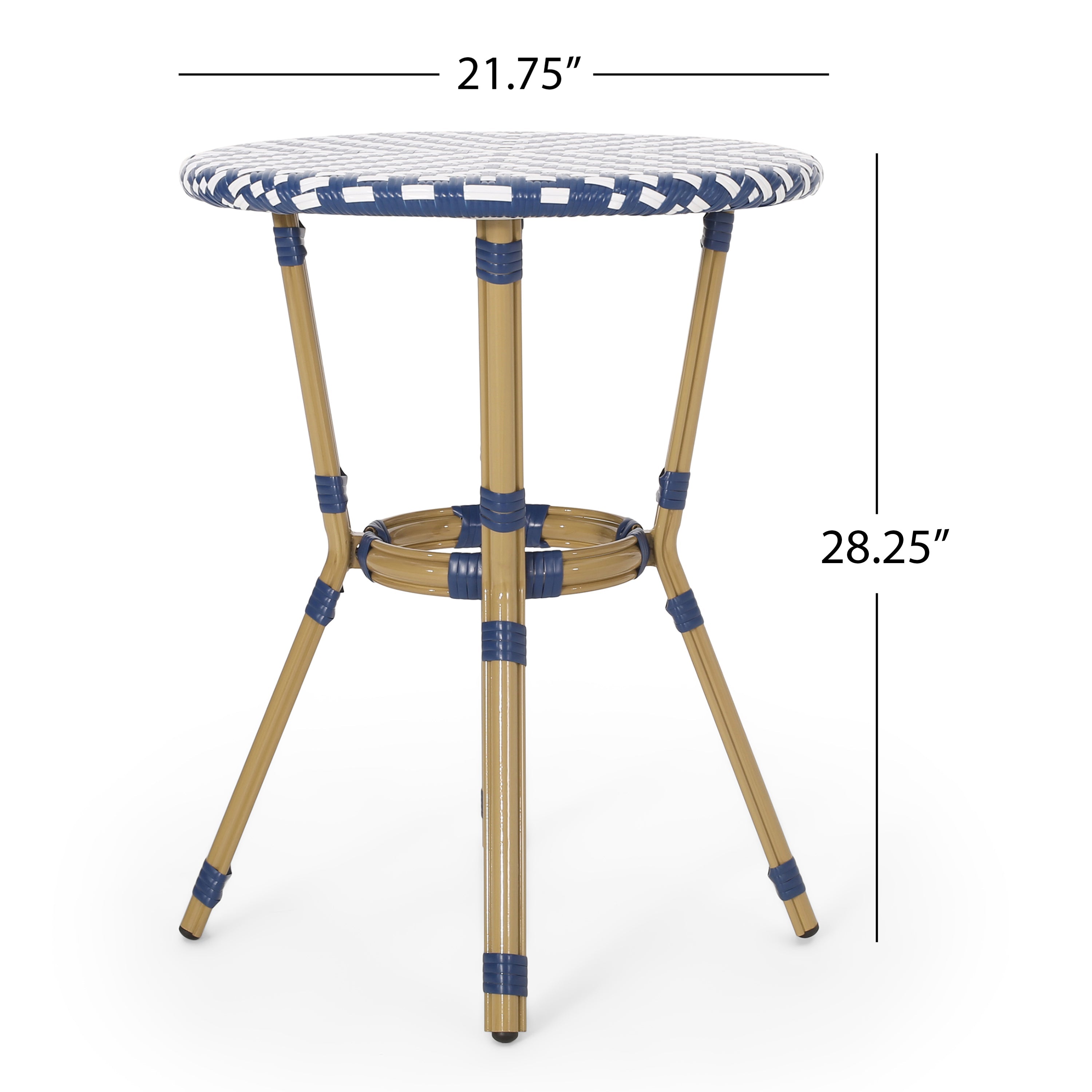 French Bistro Table Outdoor Elegance White+Blue Rattan 21.75x21.75x28.50 inches