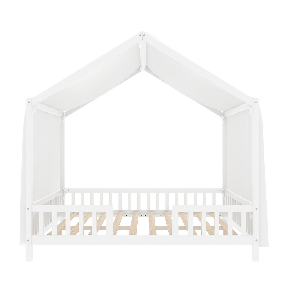Montessori Floor Bed with Canopy, Full Bed Frame for Kids, House Shape Kids Bed Frame with High Railings, Wood Kids Bed with Roof, Kid Full Bed, White