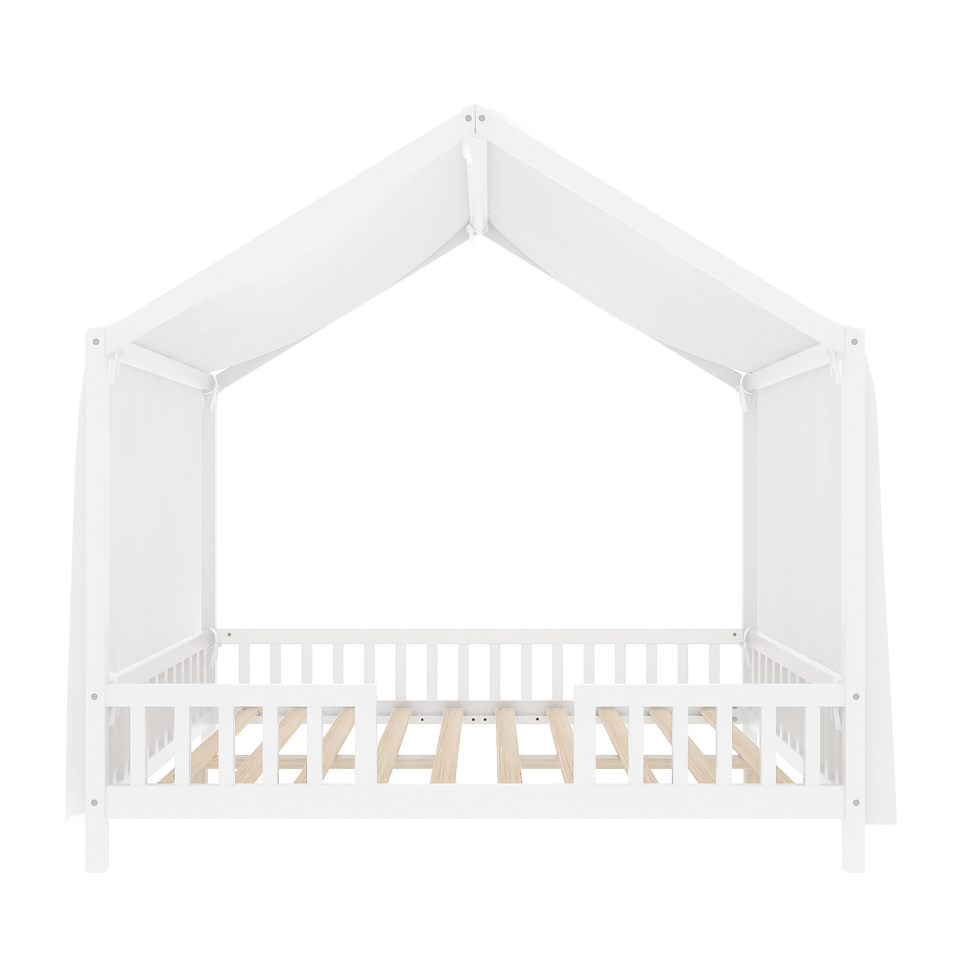 Montessori Floor Bed with Canopy, Full Bed Frame for Kids, House Shape Kids Bed Frame with High Railings, Wood Kids Bed with Roof, Kid Full Bed, White