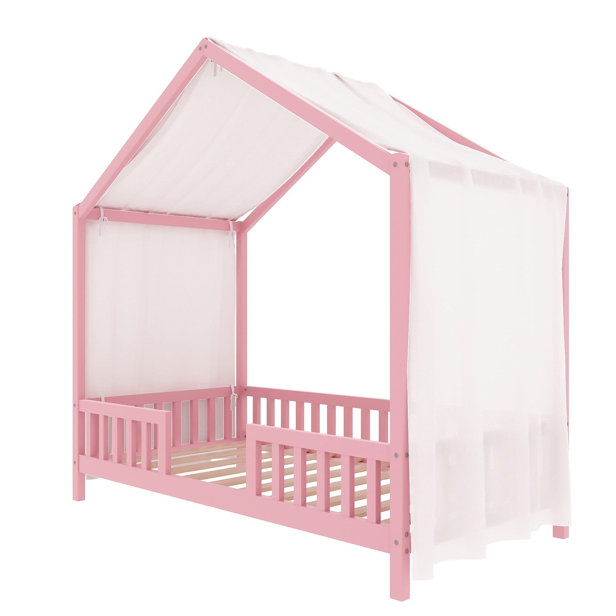 Montessori Floor Bed with Canopy, Twin Bed Frame for Kids, House Shape Kids Bed Frame with High Railings, Wood Kids Bed with Roof, Kid Twin Bed, Pink