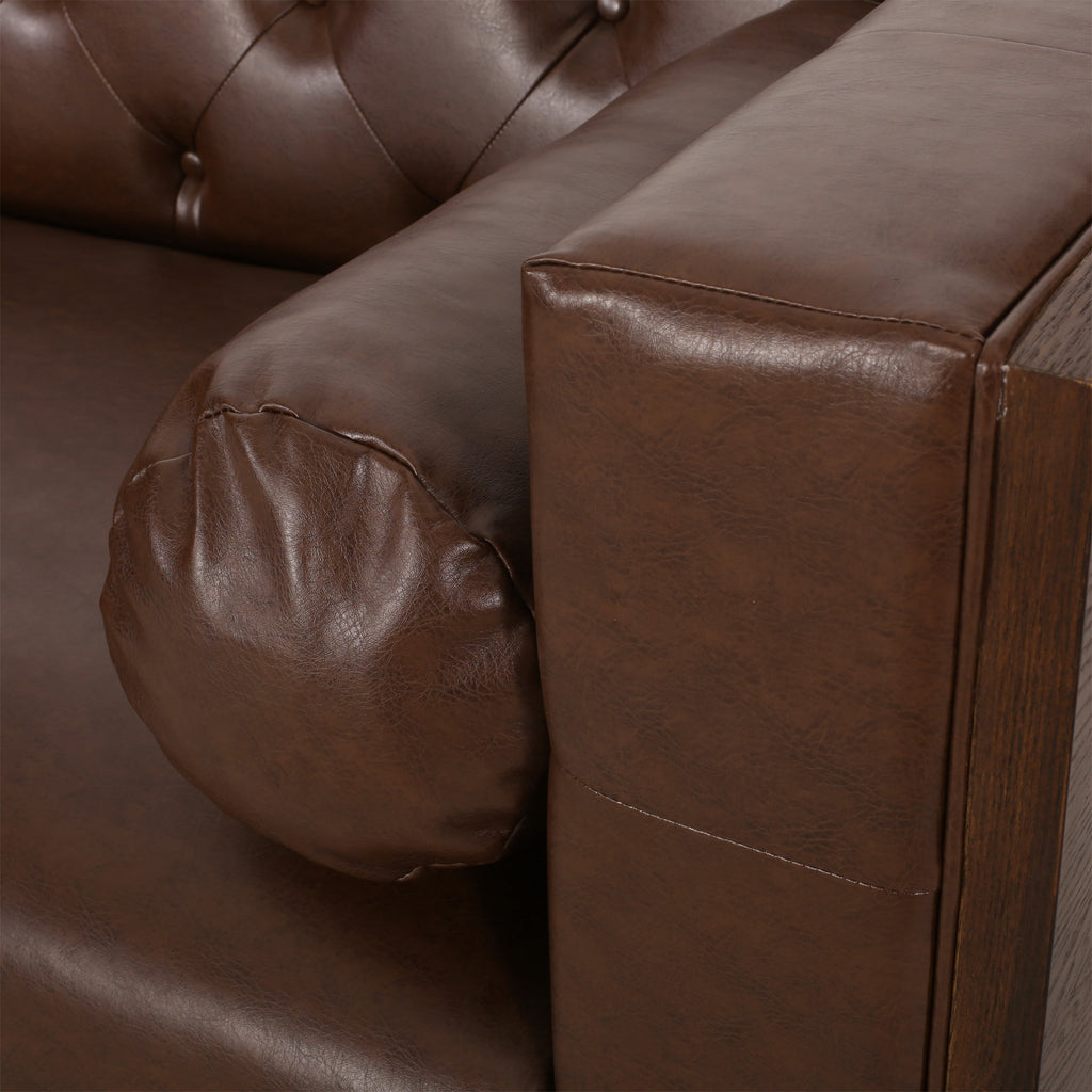 Contemporary 3-Seater Sofa with Tufted Diamond Stitch and Rolled Accent Pillows in Dark Brown PU
