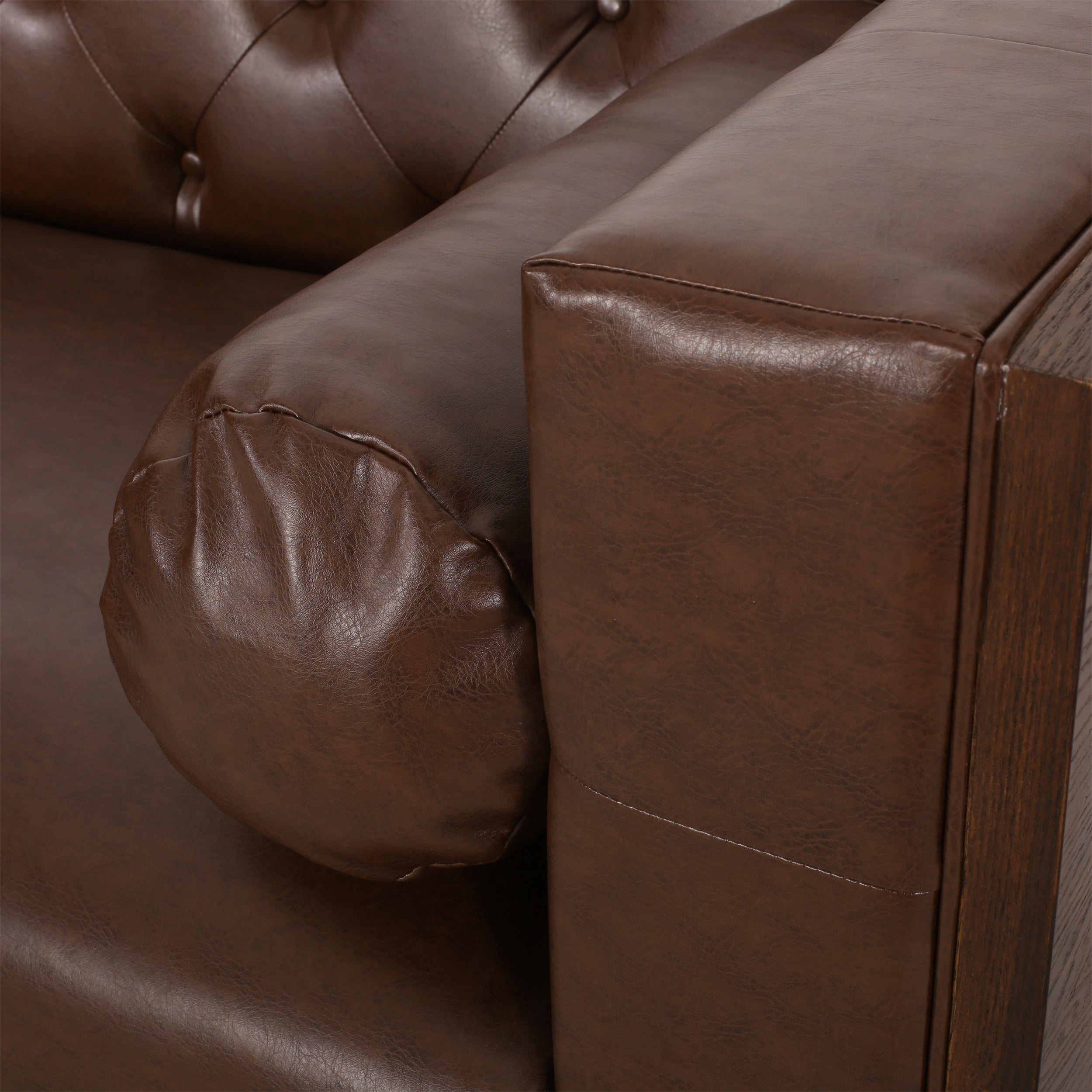 Contemporary 3-Seater Sofa with Tufted Diamond Stitch and Rolled Accent Pillows in Dark Brown PU