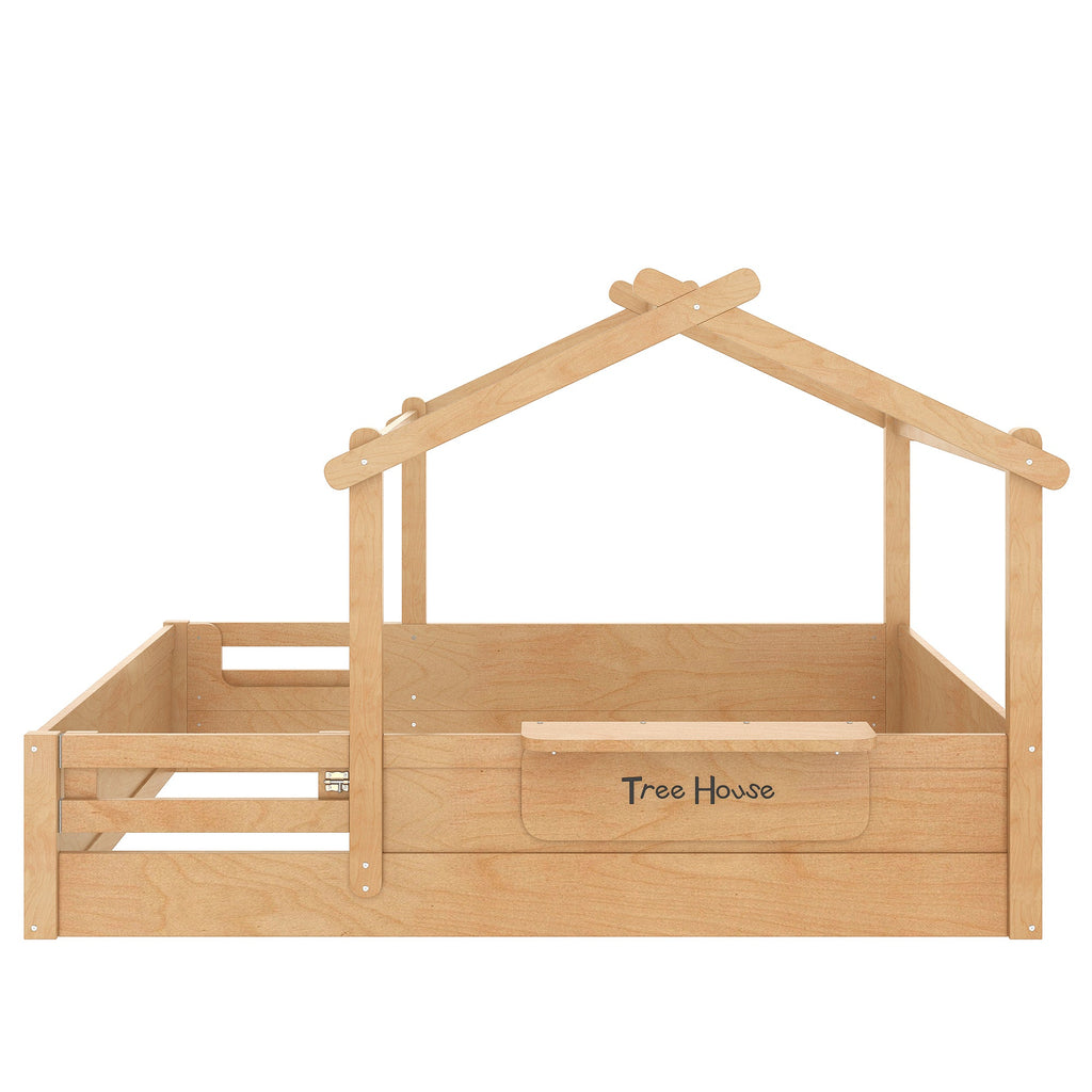 Full Size Floor Bed with Guardrails and Roof, Kids House Floor Bed with a Small Built-in Tray and Free-installed Signboard, Childlike Design, Natural