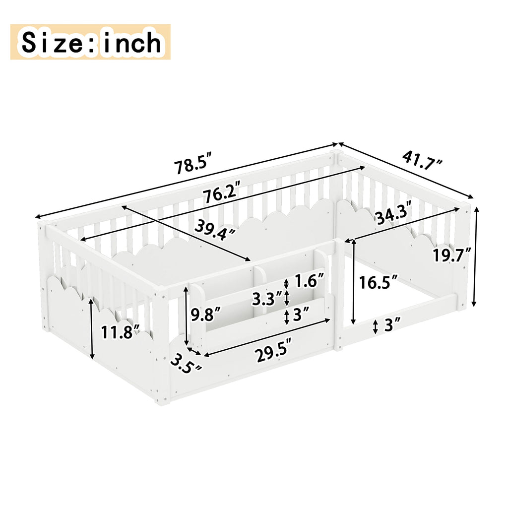 Twin Floor bed with Heightened Fence and bookshelf ,Wood Floor Bed for Kids, White.