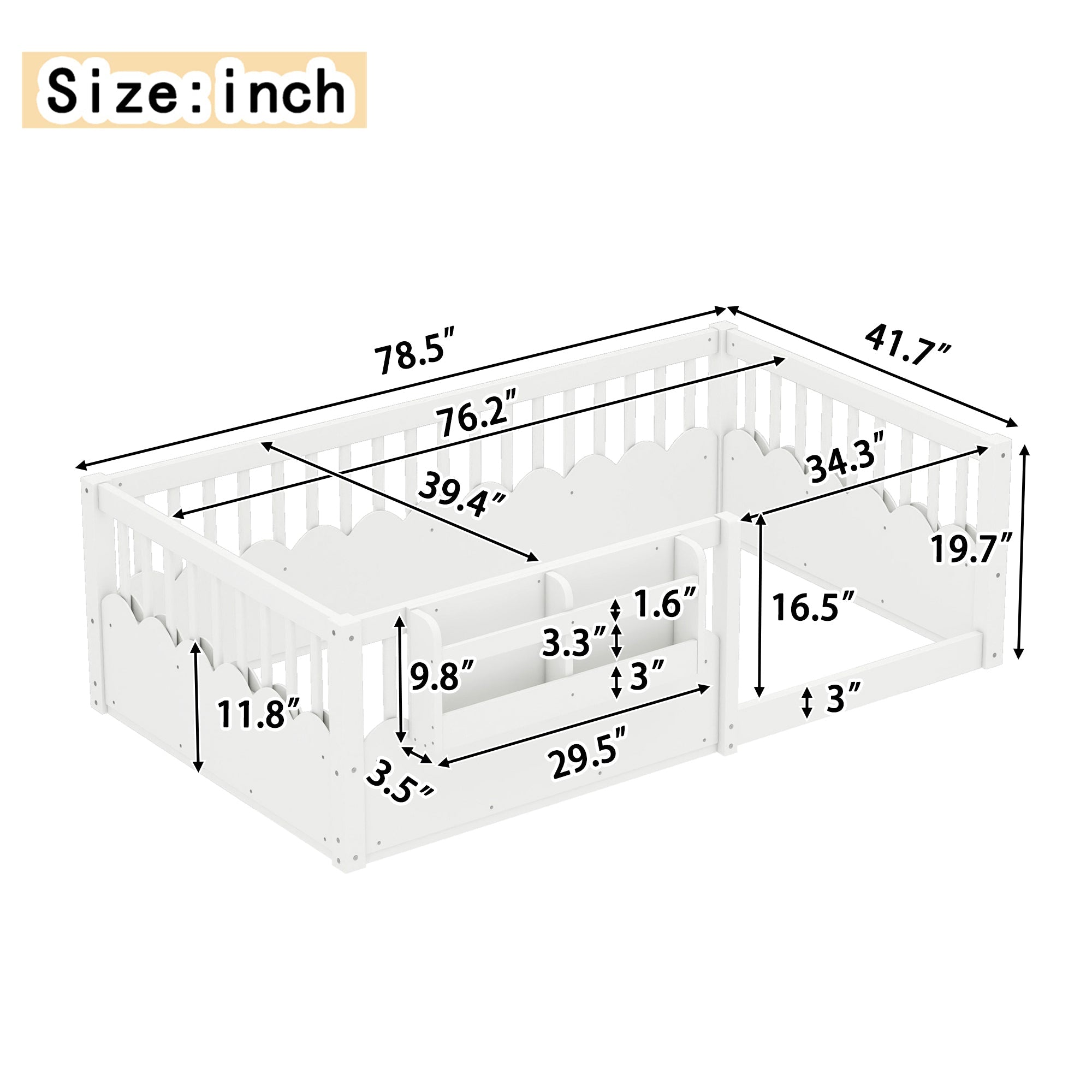 Twin Floor bed with Heightened Fence and bookshelf ,Wood Floor Bed for Kids, White.