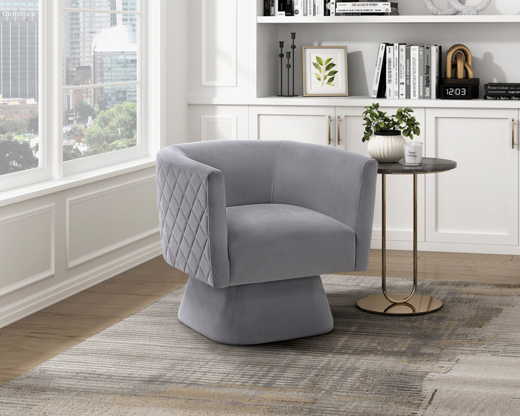 1pc Swivel Chair Gray Velvet Fabric Upholstery Solid wood Diamond Pattern Stitched Back Comfort Chair Living Room Furniture