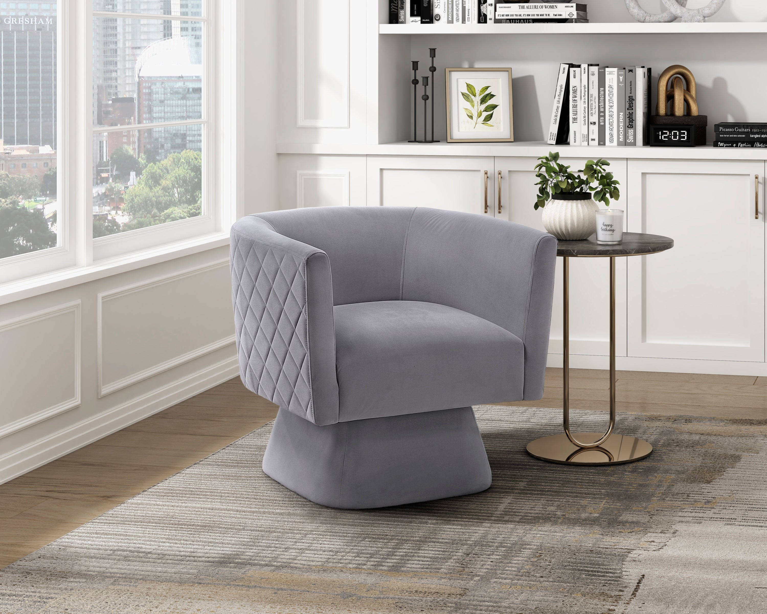 1pc Swivel Chair Gray Velvet Fabric Upholstery Solid wood Diamond Pattern Stitched Back Comfort Chair Living Room Furniture