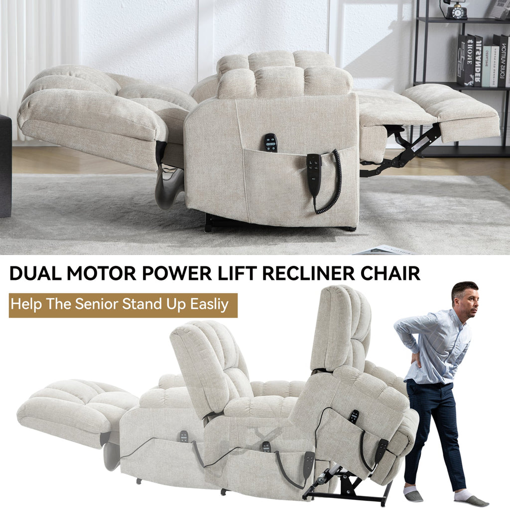 Dual Motor Heat Massage Infinite Position Up to 350 LBS Electric Power Lift Recliners with Power-Remote, Medium-firm and Heavy Duty, Beige