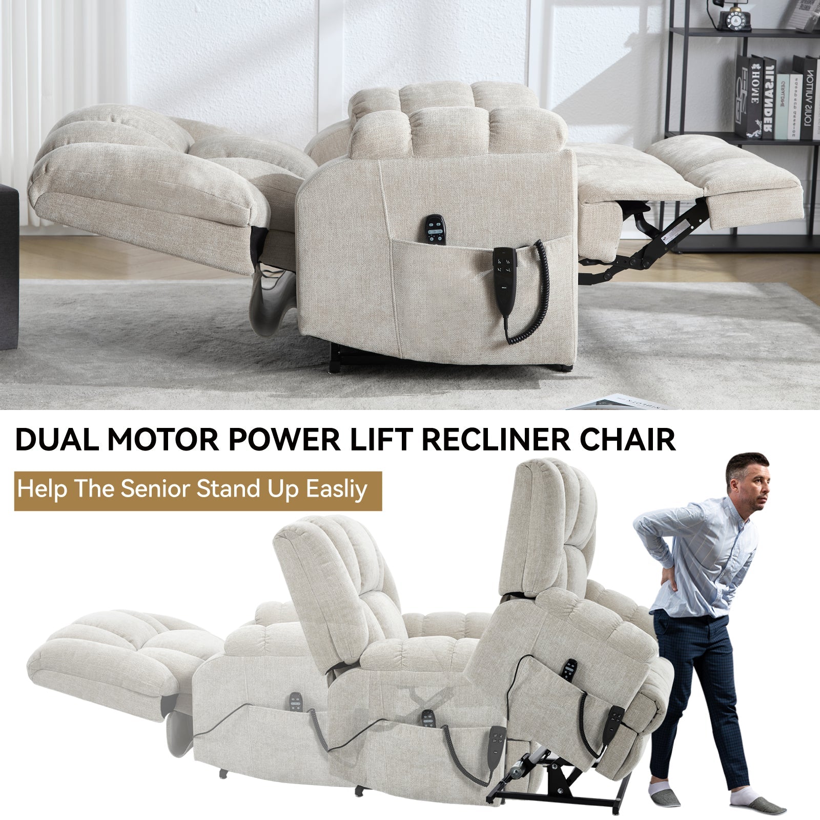 Dual Motor Heat Massage Infinite Position Up to 350 LBS Electric Power Lift Recliners with Power-Remote, Medium-firm and Heavy Duty, Beige
