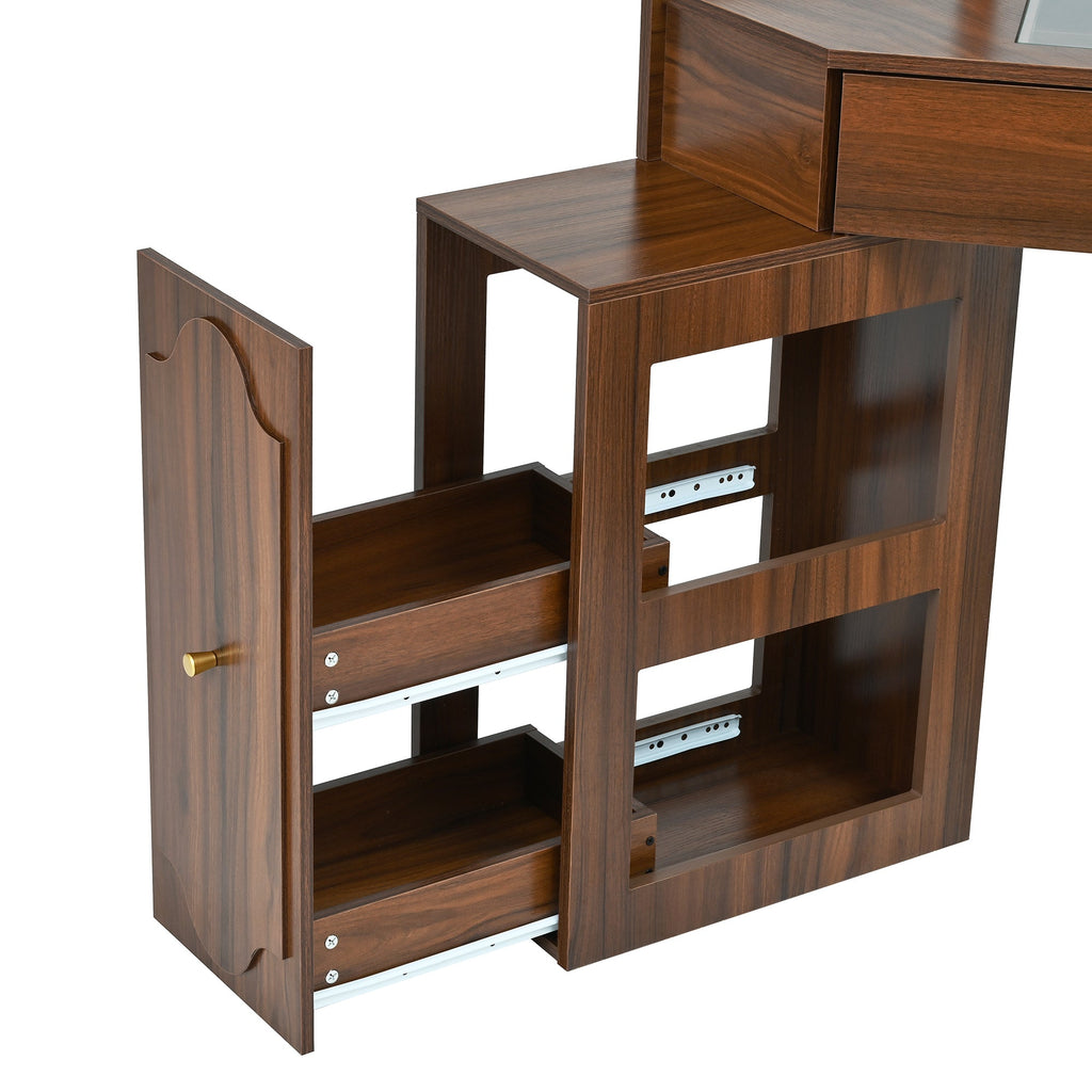 Corner Vanity Desk Set with Storage Cushioned Stool and Charging Station, Triangle Makeup Desk with Removable Pull-Out Side Cabinet, Glass Tabletop Makeup Vanity Desk with Drawer and Shelf, Walnut
