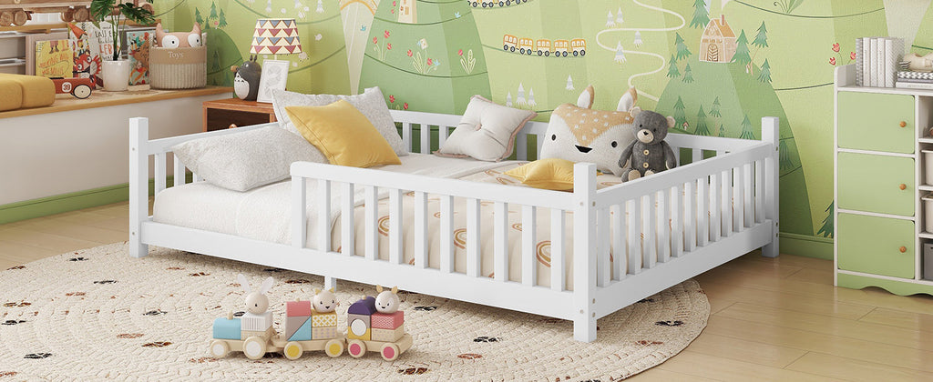 Full House Bed with Light, Low Floor House Bed with Fence and Roof for Kids Boys Girls,White(Expect arrive date 2025/7/20)
