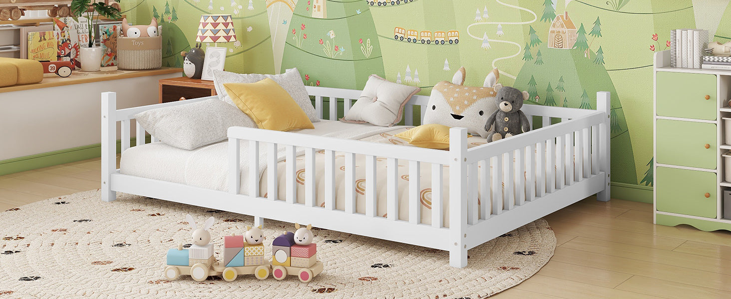 Full House Bed with Light, Low Floor House Bed with Fence and Roof for Kids Boys Girls,White(Expect arrive date 2025/7/20)