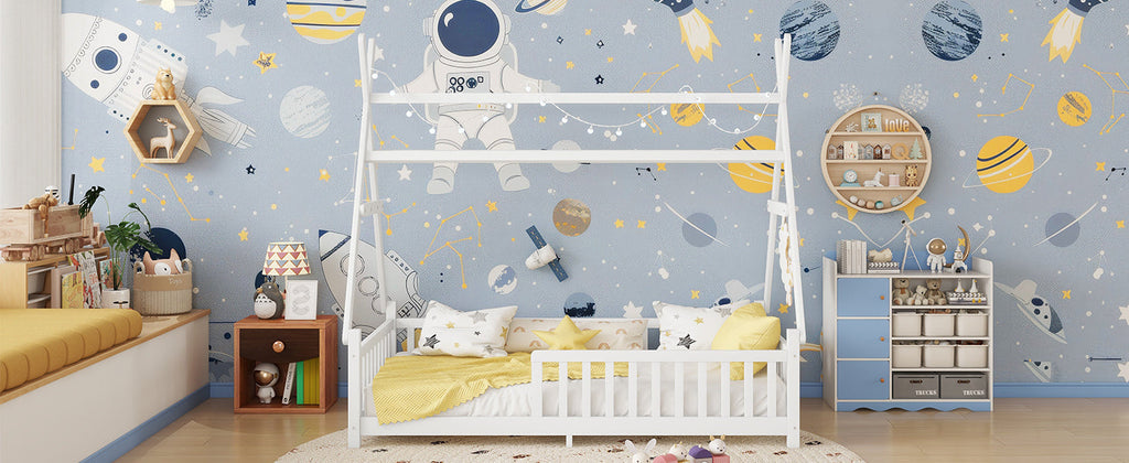 Twin House Bed with Light, Low Floor House Bed with Fence and Roof for Kids Boys Girls,White(Expect arrive date 2025/7/20)