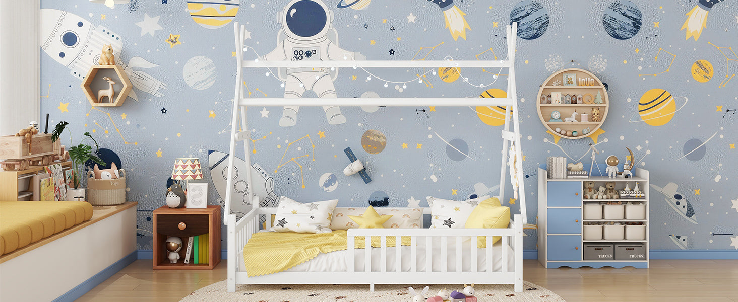 Twin House Bed with Light, Low Floor House Bed with Fence and Roof for Kids Boys Girls,White(Expect arrive date 2025/7/20)