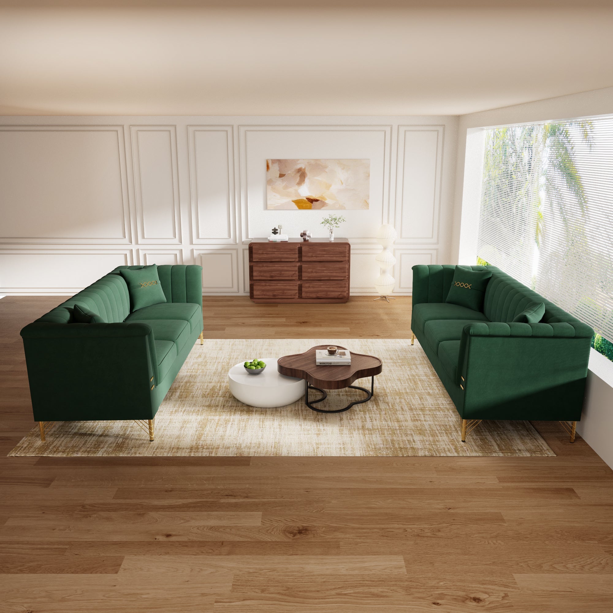 FX-P82-2PC SOFA -GR3  Green Velvet Sofa Set of 2, Two Modern 3-Seater Sofas with Plush Cushions & Gold-Tone Metal Legs  Stylish Living Room Couch Set for Homes, Apartments, and Guest Areas