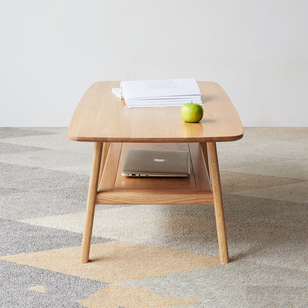 Natural Solid Wood Coffee Table with Storage Shelf, Easy Assembly, Oak Finish, 39.4 Inches