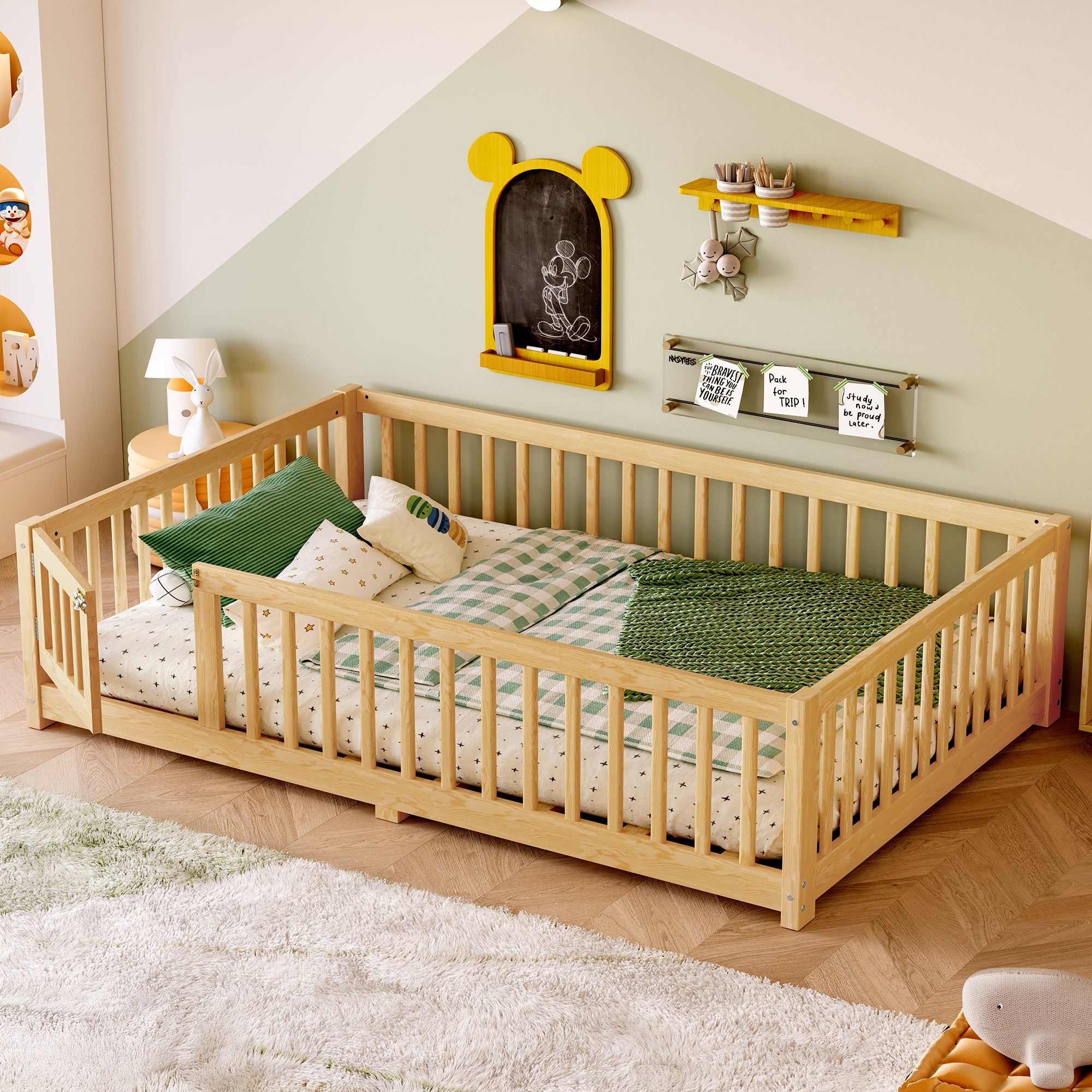 Full Size Bed Floor Bed with Safety Guardrails and Door for Kids, Natural(Old SKU:  W1580P154627)