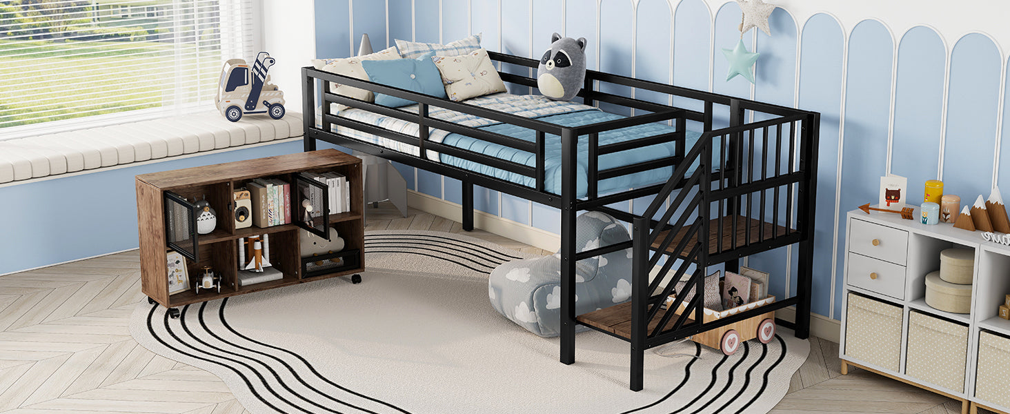 Twin Metal Loft Bed with Storage Cubby, Low Metal Loft Bed with Stairs for Kids, Black, Expect Arrival Date 2025/11/10