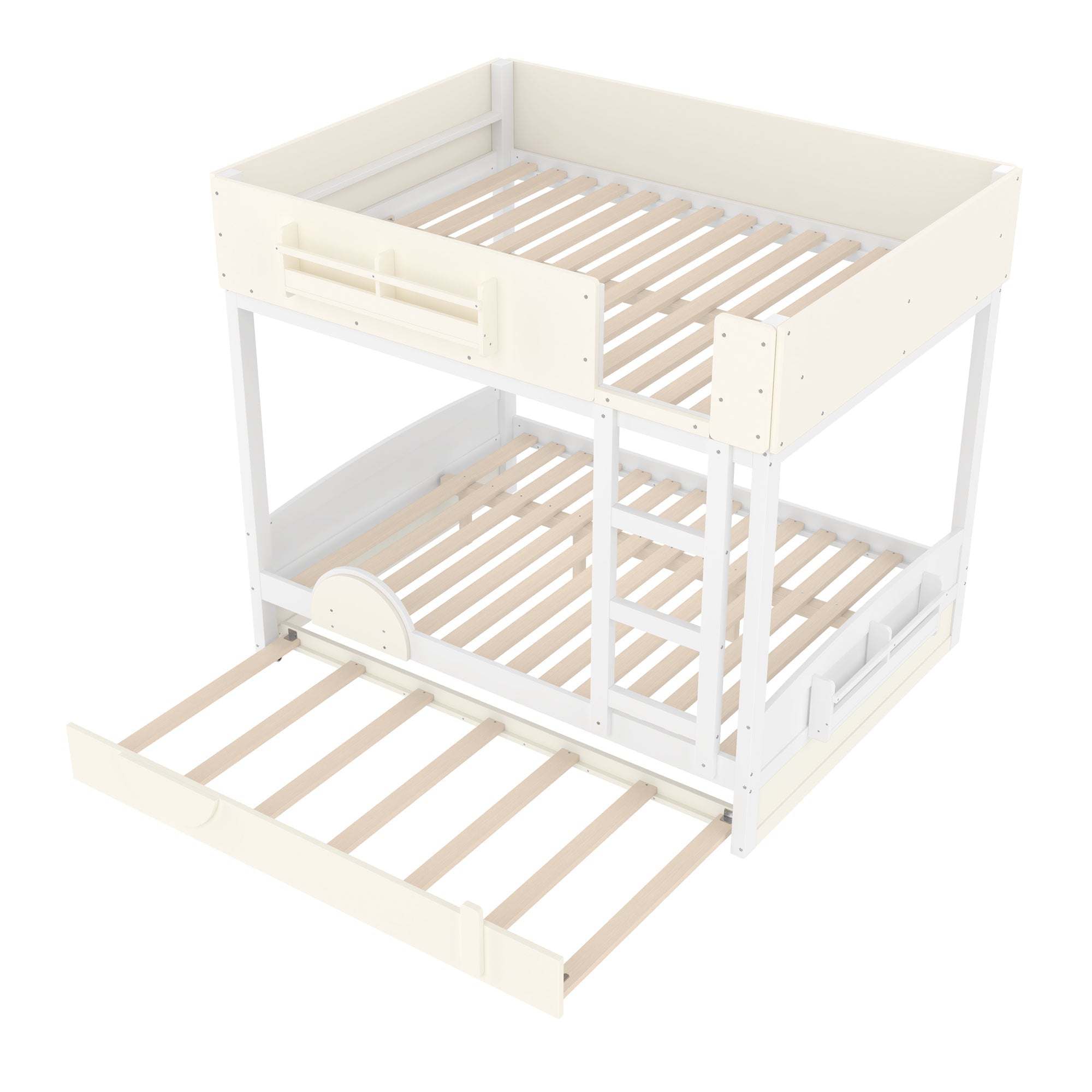 Full Bunk Bed with Trundle , Wood Bunk Bed Frame with Built-in Bookshelf and High-quality Safety Guardrail,Automobile Form Design for Kids ,White＆ Beige.