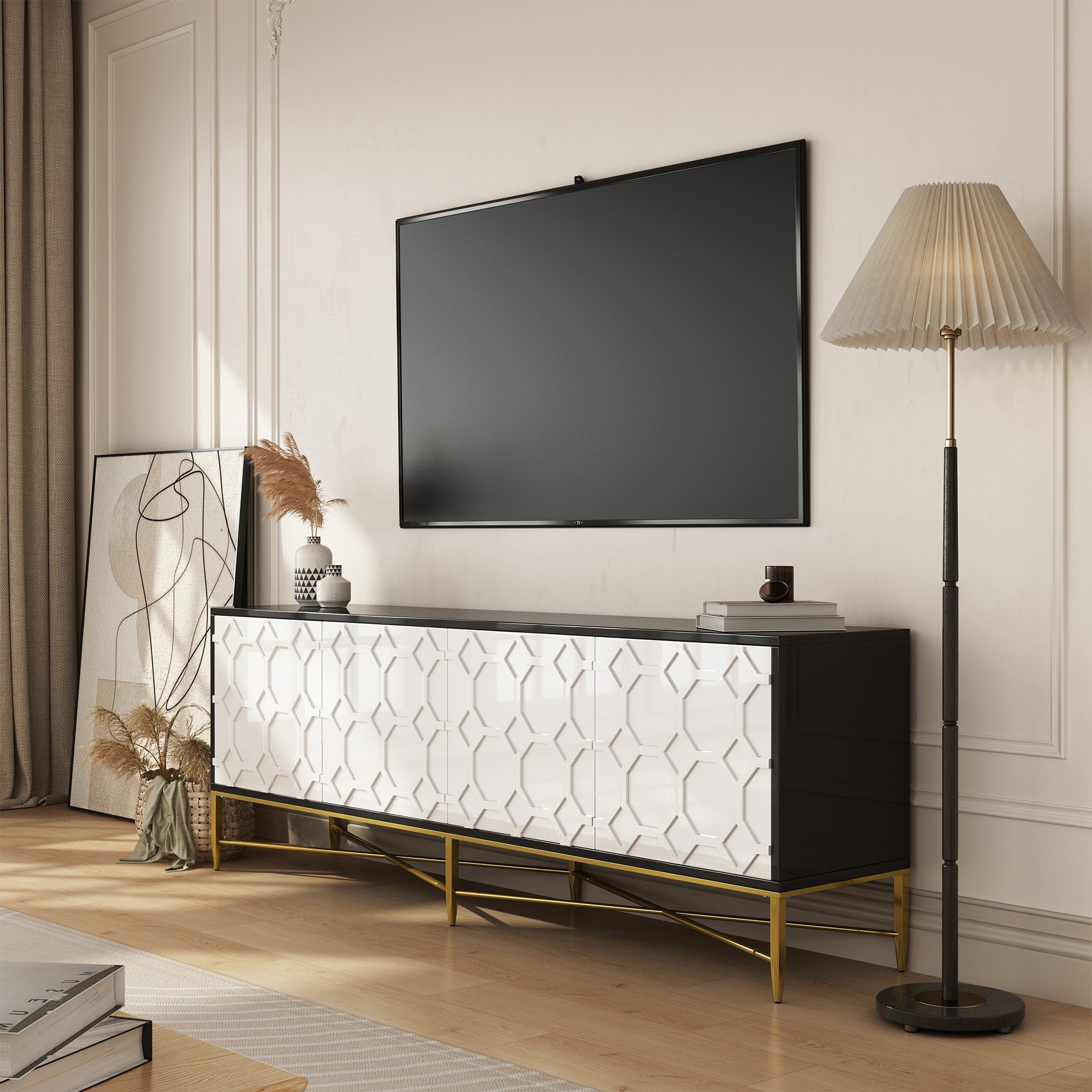 Modern Black and White Color Scheme Press Design 4 Door Cabinet, Living Room TV Stand