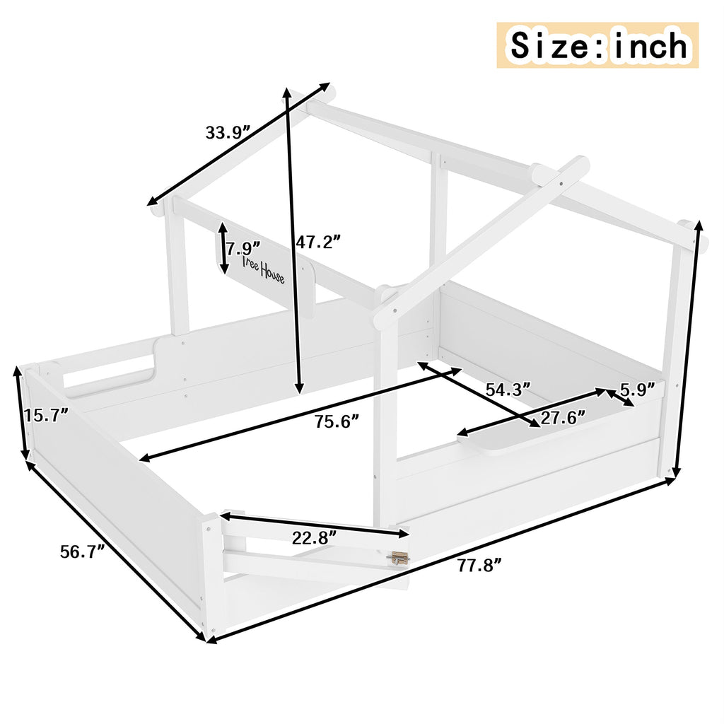 Full Size Floor Bed with Guardrails and Roof, Kids House Floor Bed with a Small Built-in Tray and Free-installed Signboard, Childlike Design, White