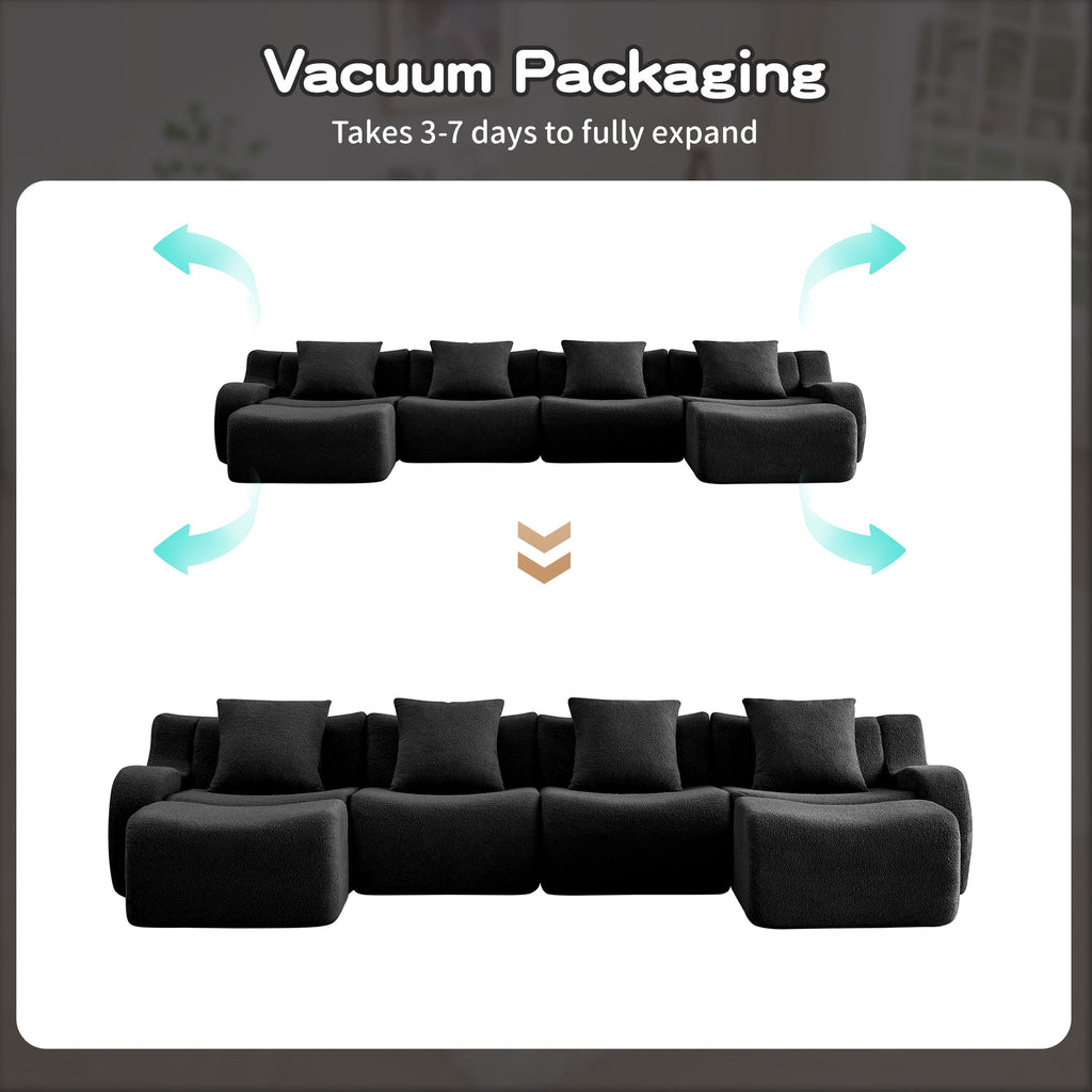 U-Shaped Boneless Sofa,Teddy Fabric No assembly required Curved armrest,Anti-slip Design,Streamlined Design 32D High Density Sponge,Full Compression Vacuum Packag,For Studies living Rooms,Black