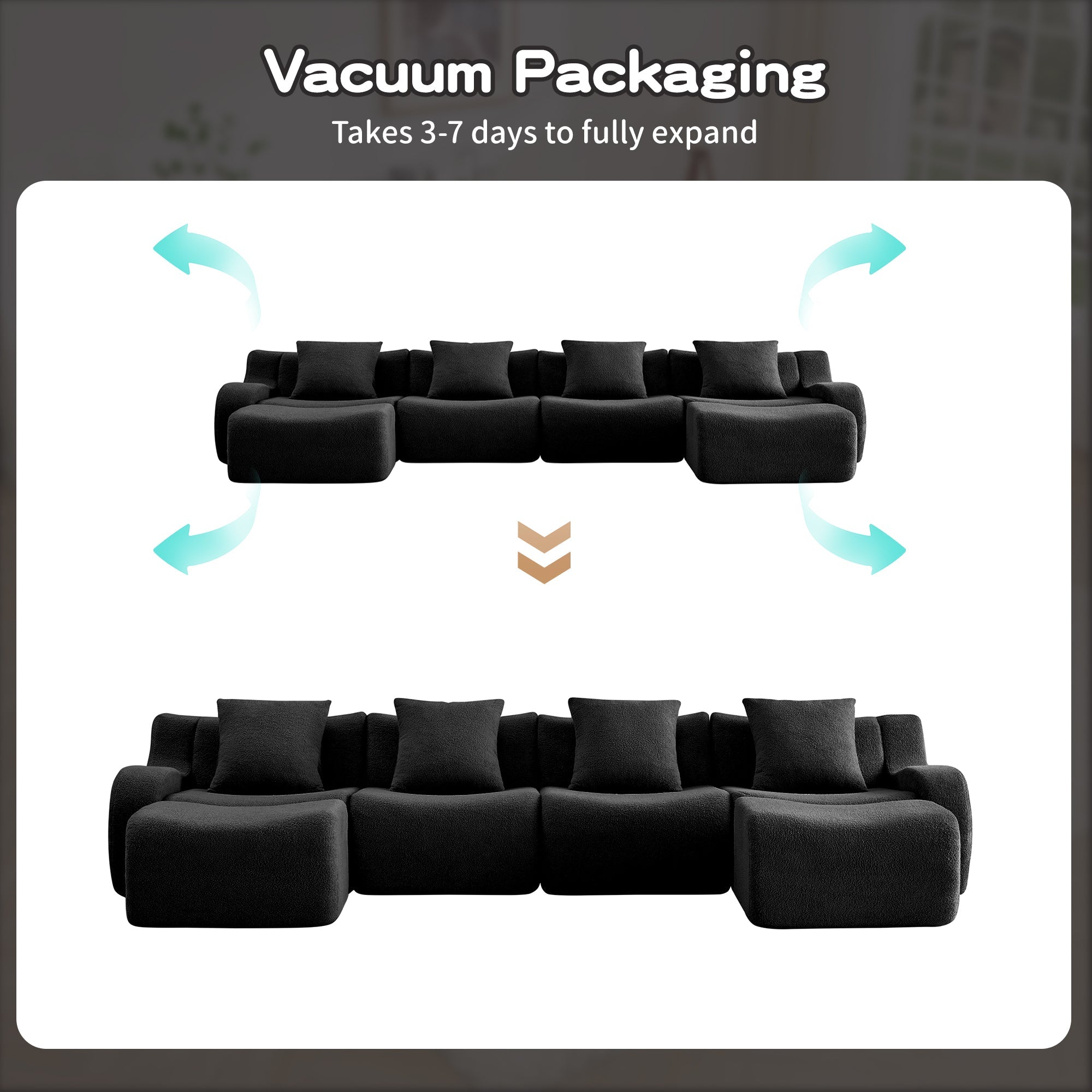 U-Shaped Boneless Sofa,Teddy Fabric No assembly required Curved armrest,Anti-slip Design,Streamlined Design 32D High Density Sponge,Full Compression Vacuum Packag,For Studies living Rooms,Black