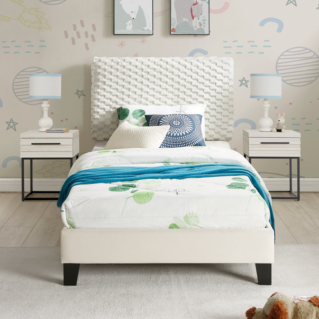 Findlay 3-Piece Bedroom Set, Plush 3D Upholstered Bed with Two Nightstands, Twin