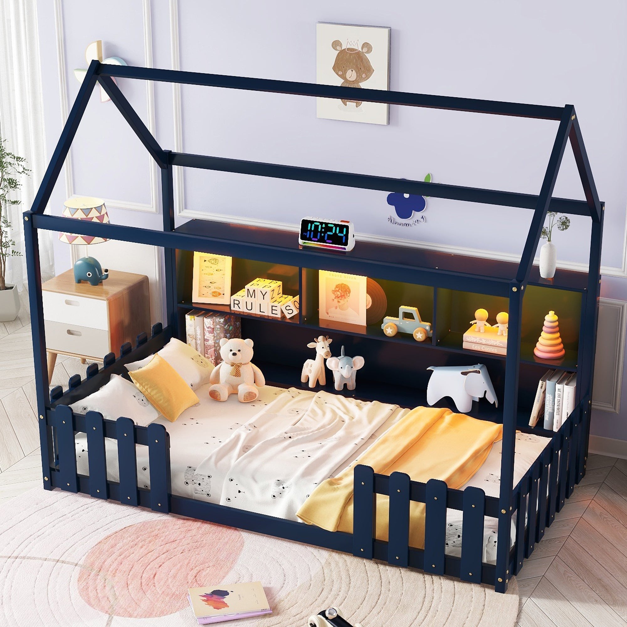 Twin Size House Bed with LED Light, Wood House Bed with Storage Bookshelf, Floor House Bed with Guardrails for Kids, Navy Blue (Expect Arrival Date 2025/3/14)