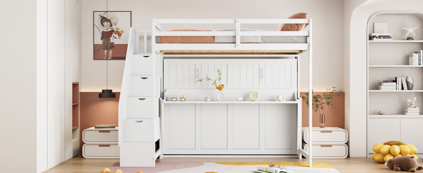 Full Over Full Size Murphy Bed with Hydraulic Lift & Desk Design, White