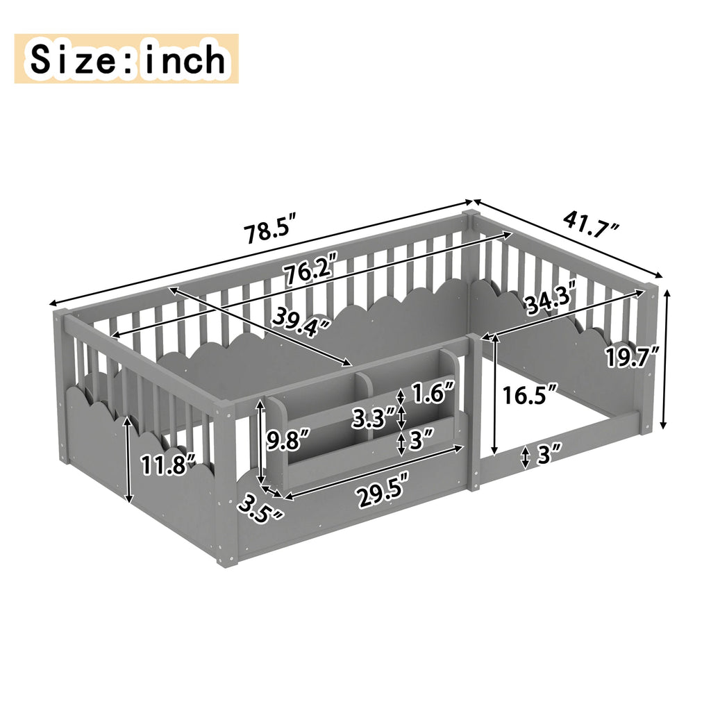 Twin Floor bed with Heightened Fence and bookshelf ,Wood Floor Bed for Kids, Gray.