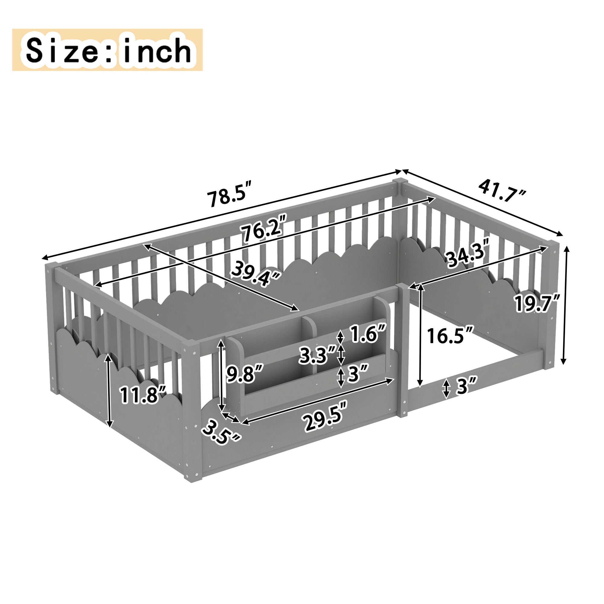 Twin Floor bed with Heightened Fence and bookshelf ,Wood Floor Bed for Kids, Gray.