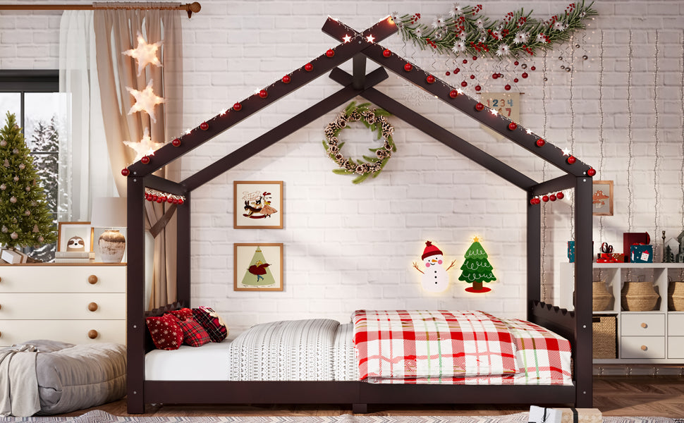 Full House Floor Bed with Support Slats, Solid Wood House Bed Frame for Kids, No Box Spring Needed and Opening Constructure, Espresso