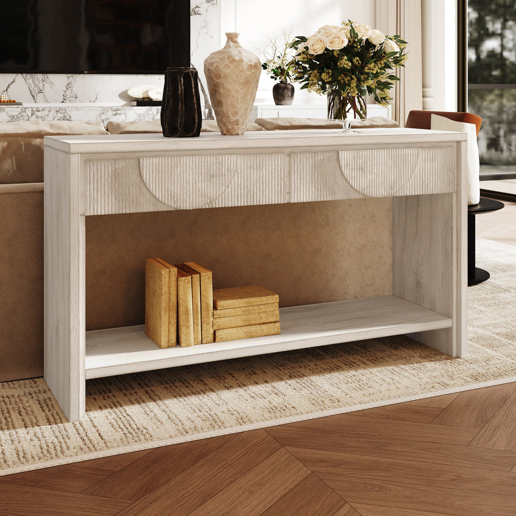 Farmhouse Style Console Table – 55.12' Long Distressed Wood Sofa Table with Storage Drawers & Open Shelf - White